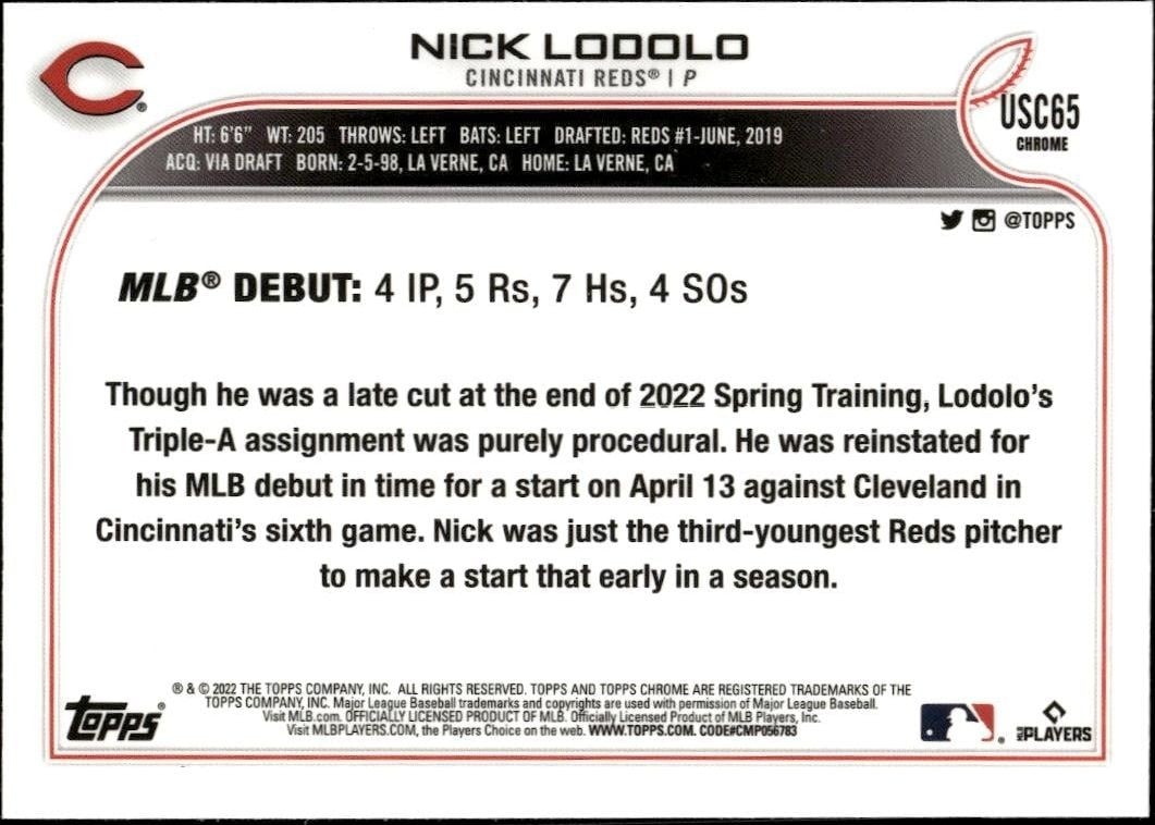 2022 Topps Chrome Update Nick Lodolo #USC65 baseball trading card back