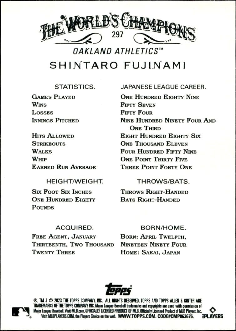 2023 Topps Allen & Ginter Shintaro Fujinami #297 baseball trading card back