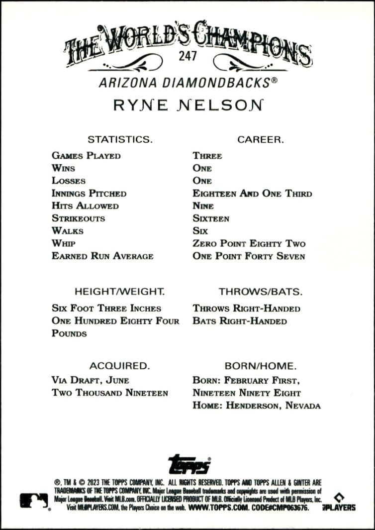 2023 Topps Allen & Ginter Ryne Nelson #247 baseball trading card back