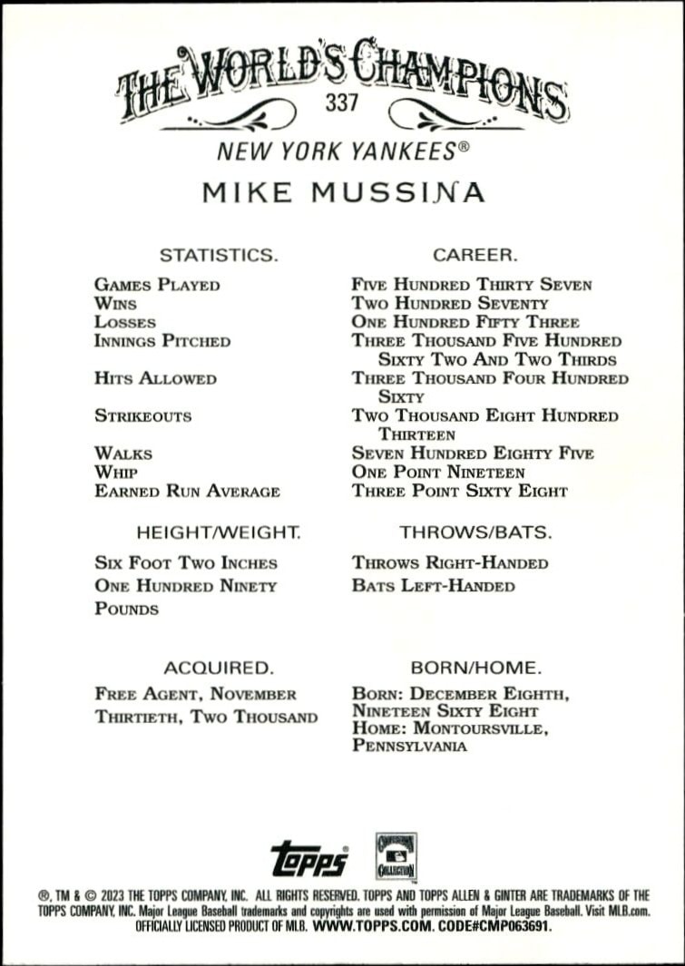 2023 Topps Allen & Ginter Mike Mussina #337 baseball trading card back