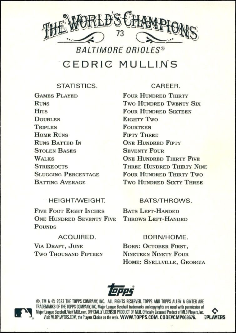 2023 Topps Allen & Ginter Cedric Mullins #73 baseball trading card back