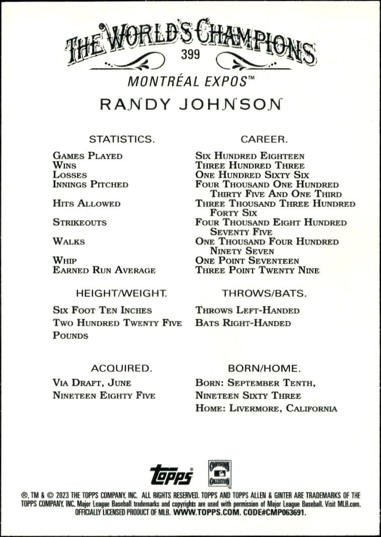 2023 Topps Allen & Ginter Randy Johnson #399 baseball trading card back