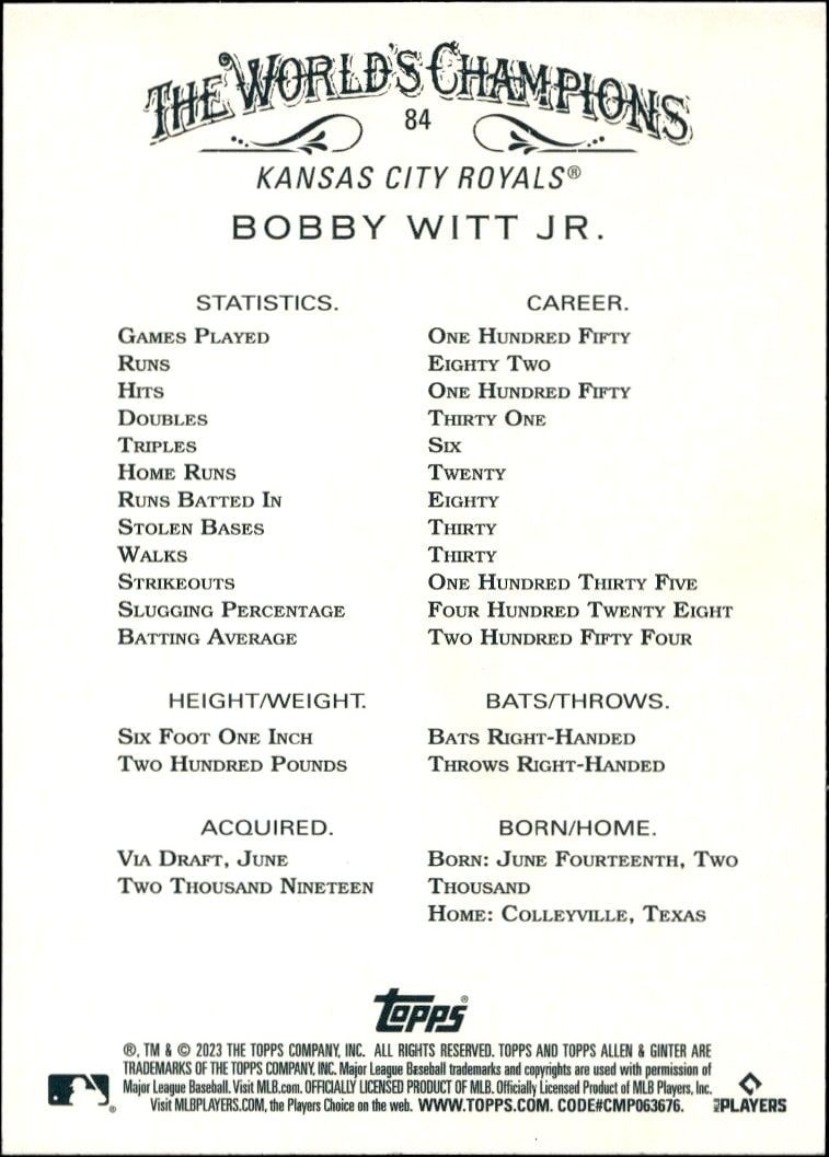 2023 Topps Allen & Ginter Bobby Witt Jr. #84 baseball trading card back