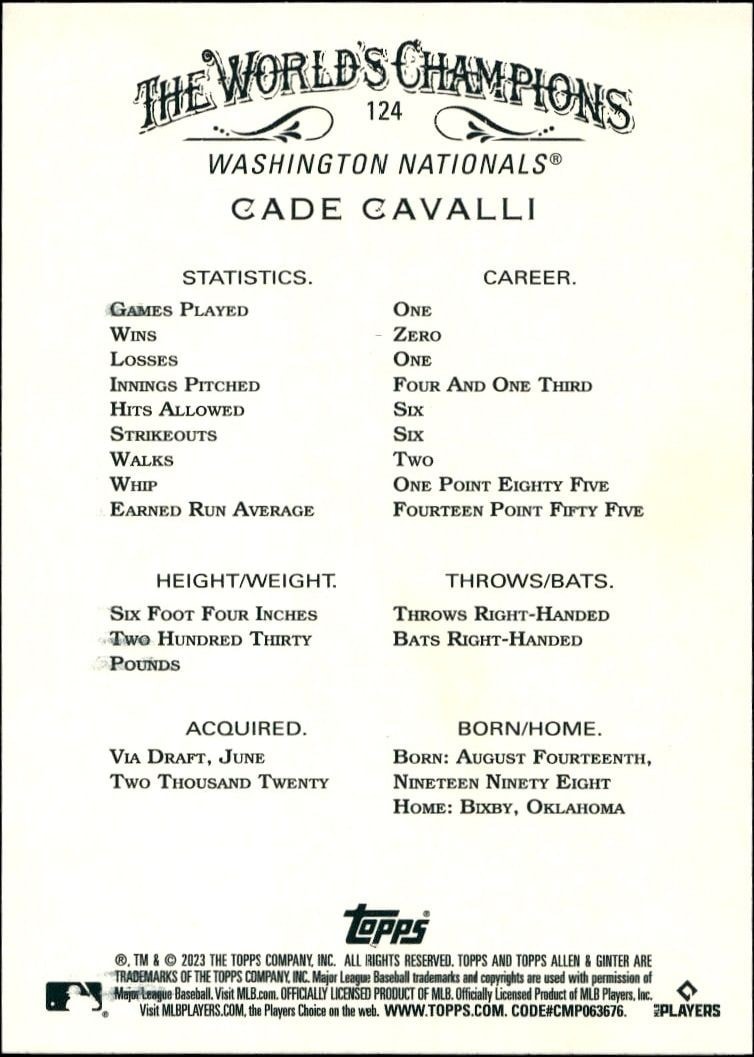 2023 Topps Allen & Ginter Cade Cavalli #124 baseball trading card back