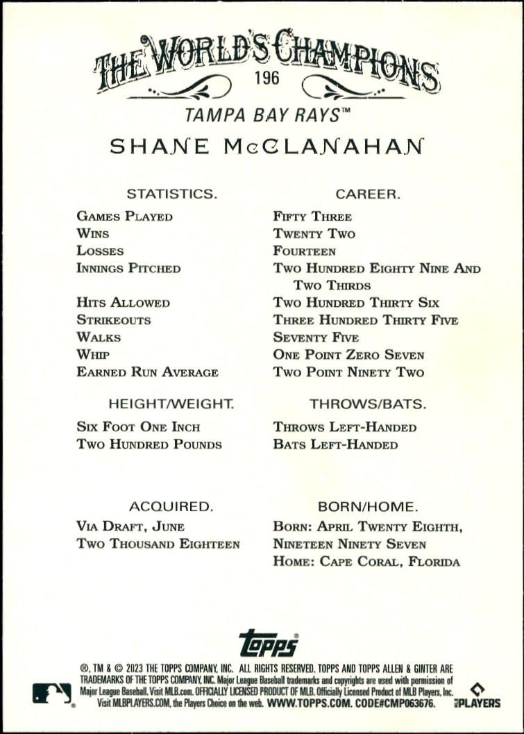 2023 Topps Allen & Ginter Shane McClanahan #196 baseball trading card back