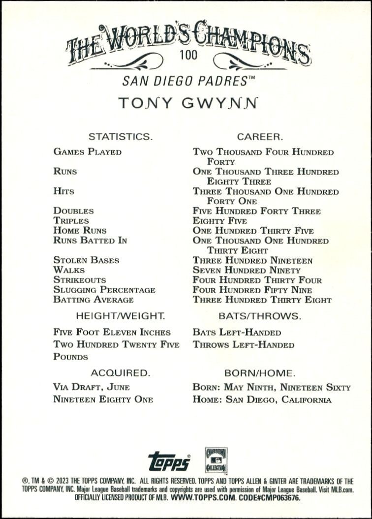 2023 Topps Allen & Ginter Tony Gwynn #100 baseball trading card back