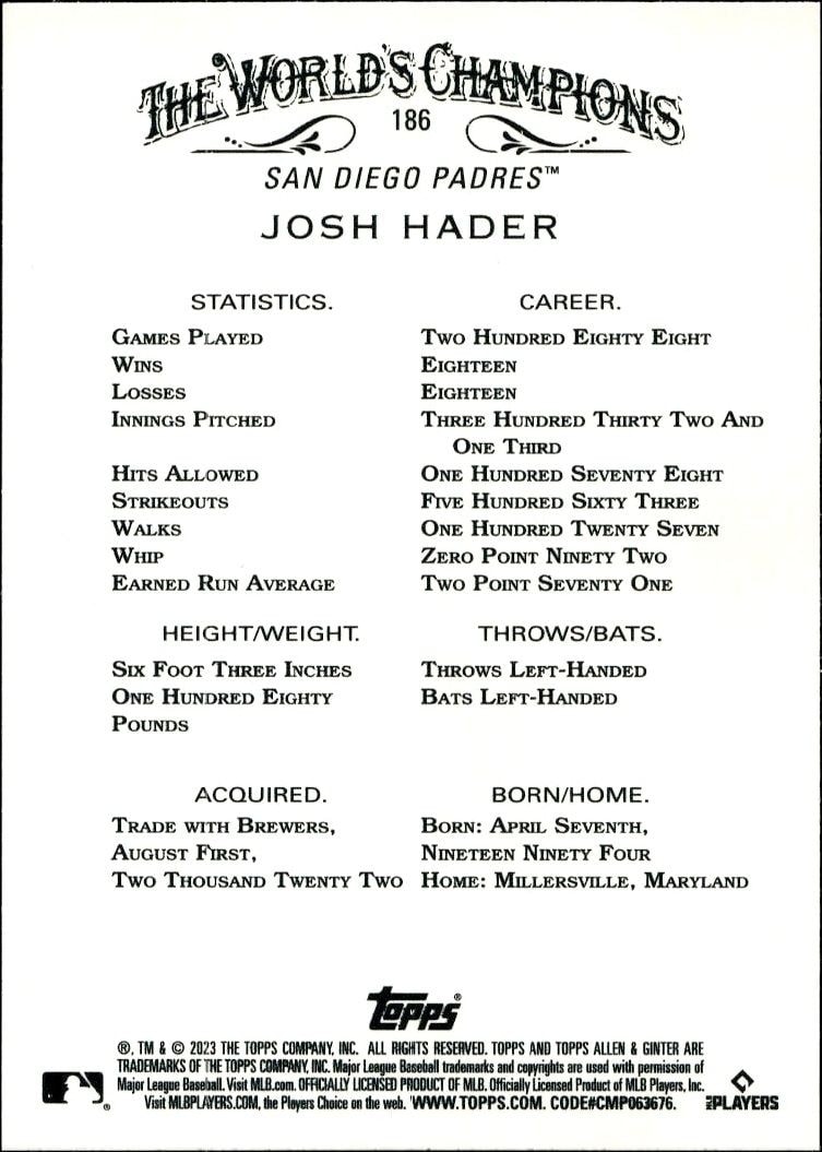 2023 Topps Allen & Ginter Josh Hader #186 baseball trading card back