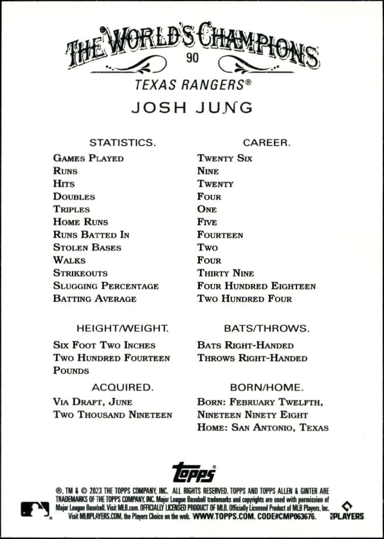 2023 Topps Allen & Ginter Josh Jung #90 baseball trading card back