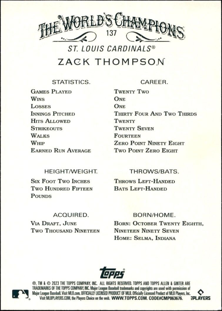 2023 Topps Allen & Ginter Zack Thompson #137 baseball trading card back