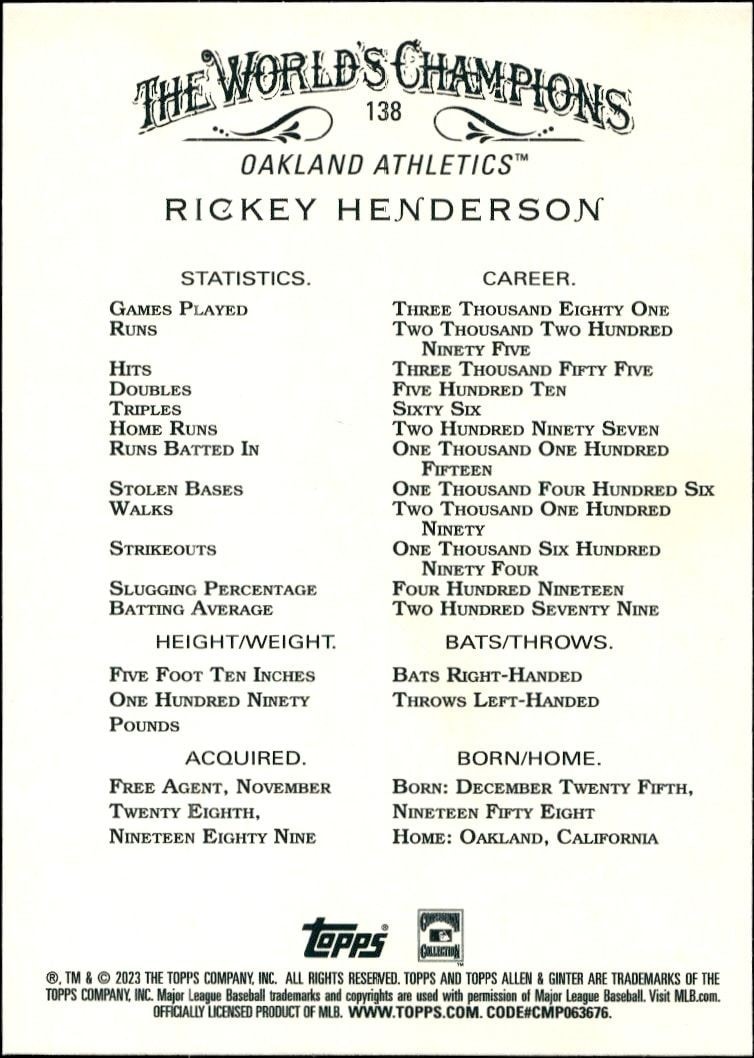 2023 Topps Allen & Ginter Rickey Henderson #138 baseball trading card back