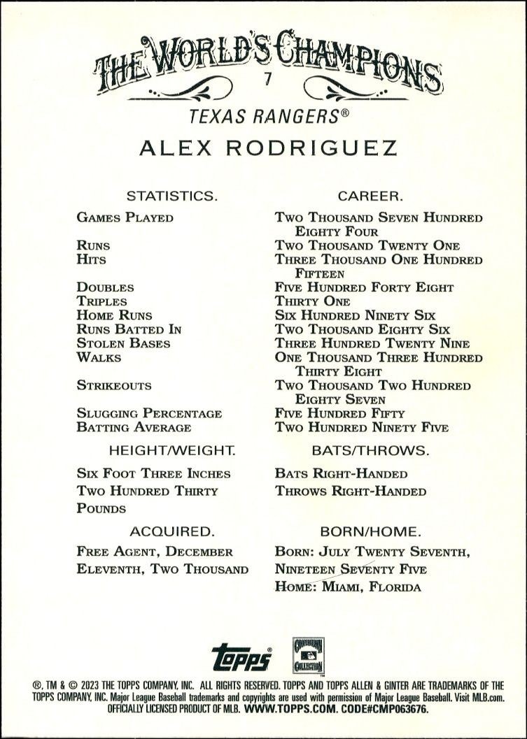 2023 Topps Allen & Ginter Alex Rodriguez #7 baseball trading card back