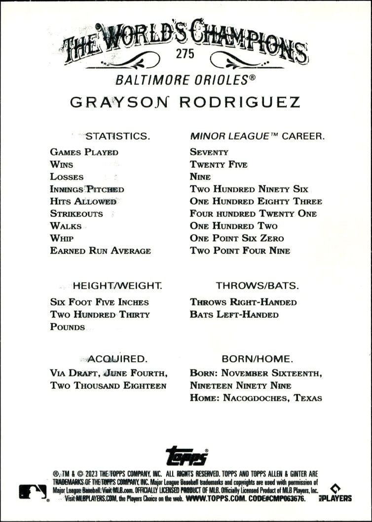 2023 Topps Allen & Ginter Grayson Rodriguez #275 baseball trading card back