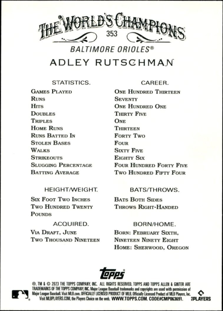 2023 Topps Allen & Ginter Adley Rutschman #353 baseball trading card back