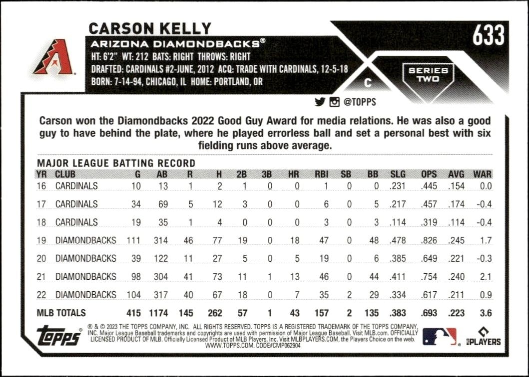 2023 Topps Series 2 Carson Kelly #633 baseball trading card back