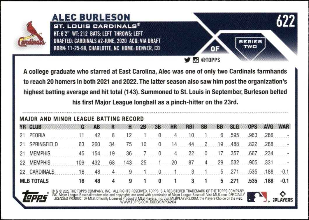 2023 Topps Series 2 Alec Burleson #622 baseball trading card back