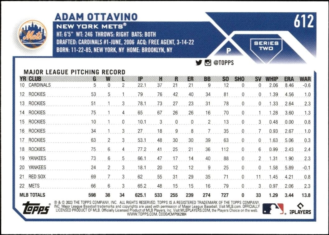 2023 Topps Series 2 Adam Ottavino #612 baseball trading card back