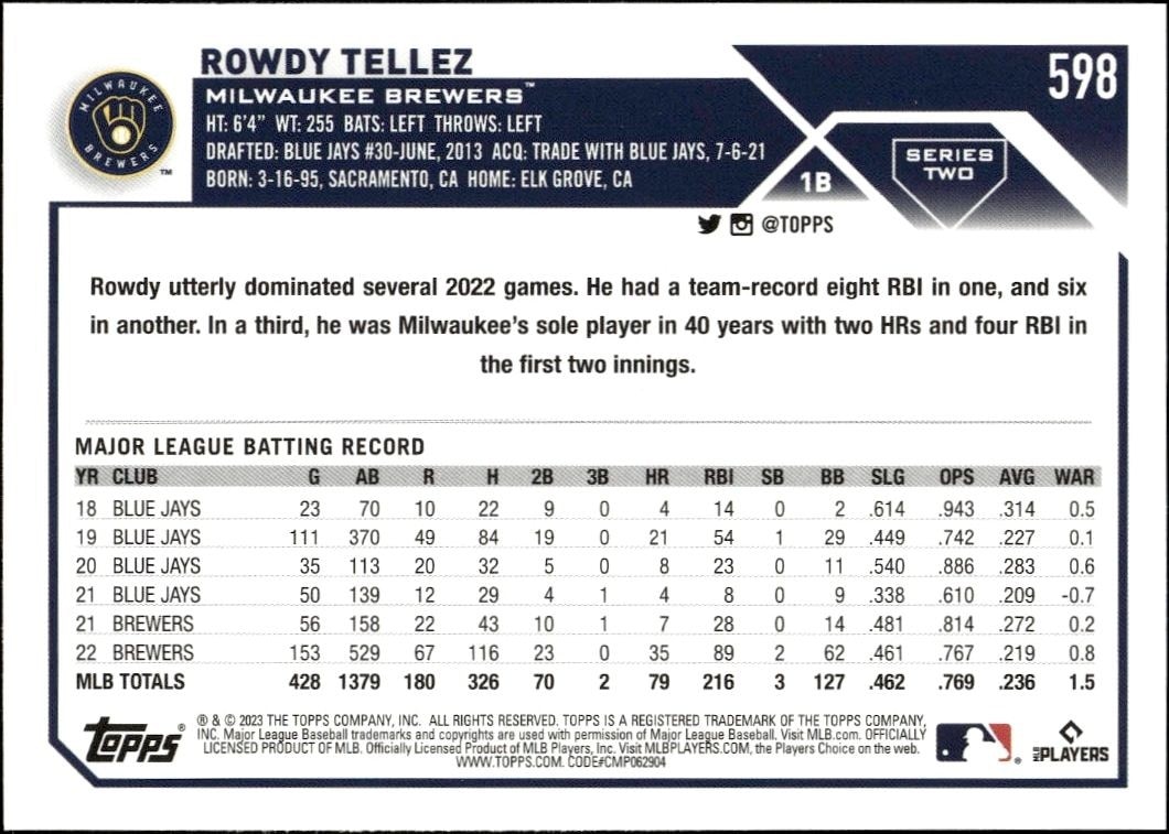 2023 Topps Series 2 Rowdy Tellez #598 baseball trading card back