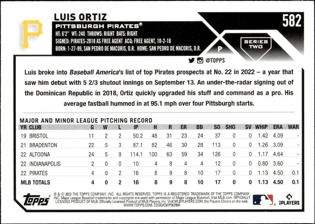 2023 Topps Series 2 Luis Ortiz #582 baseball trading card back