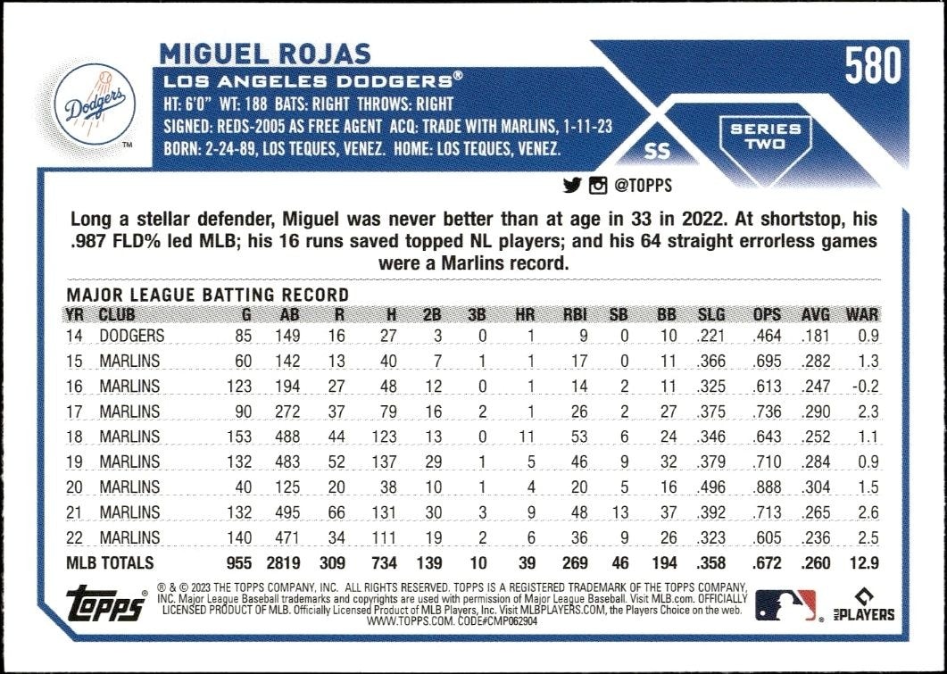 2023 Topps Series 2 Miguel Rojas #580 baseball trading card back