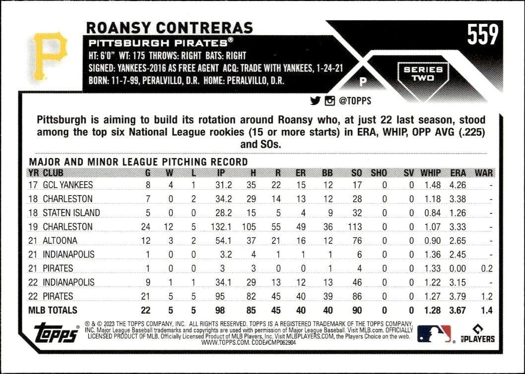 2023 Topps Series 2 Roansy Contreras #559 baseball trading card back