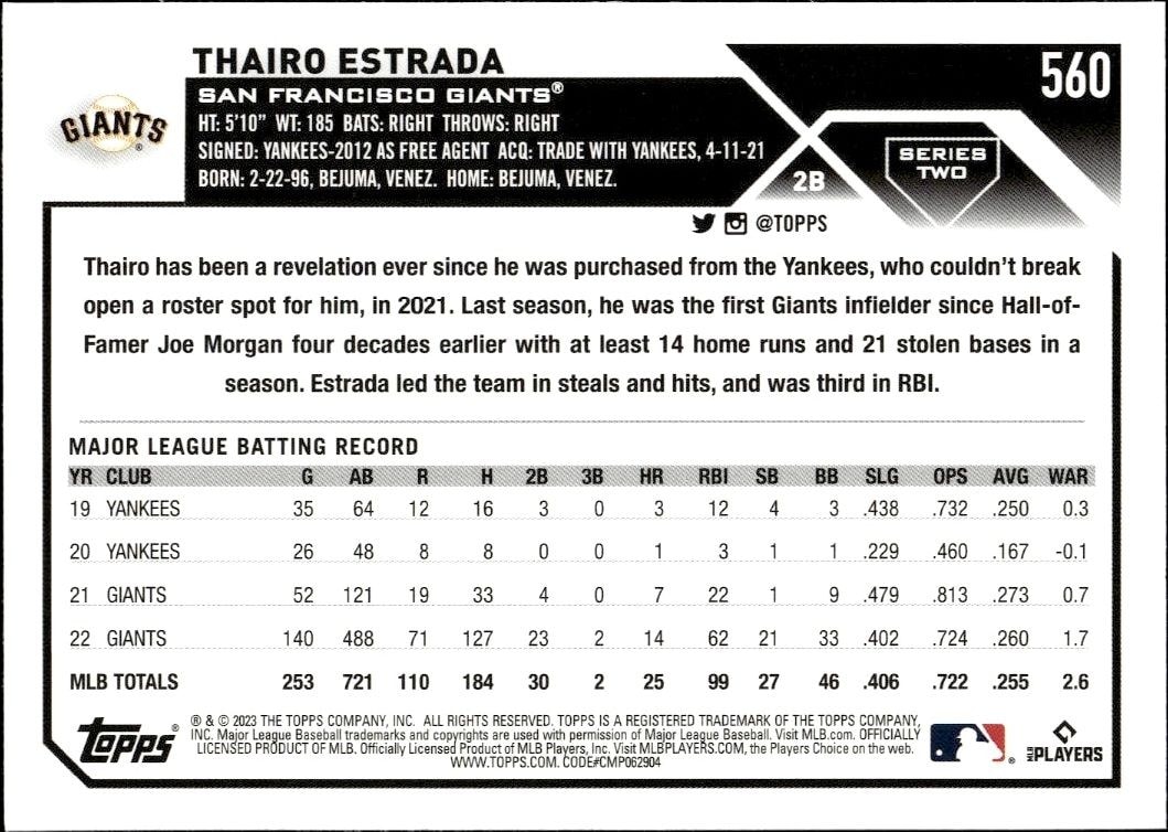 2023 Topps Series 2 Thairo Estrada #560 baseball trading card back