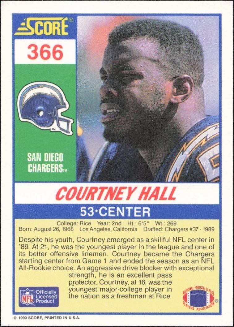 1990 Score Courtney Hall #366 football trading card back