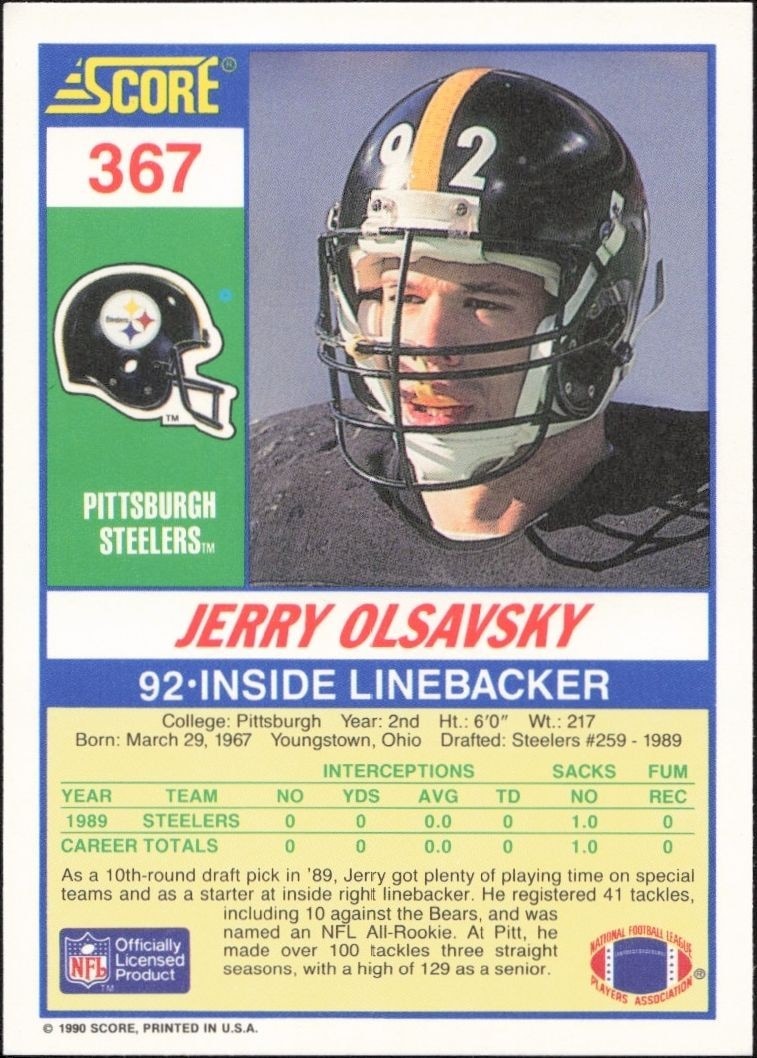 1990 Score Jerry Olsavsky #367 football trading card back
