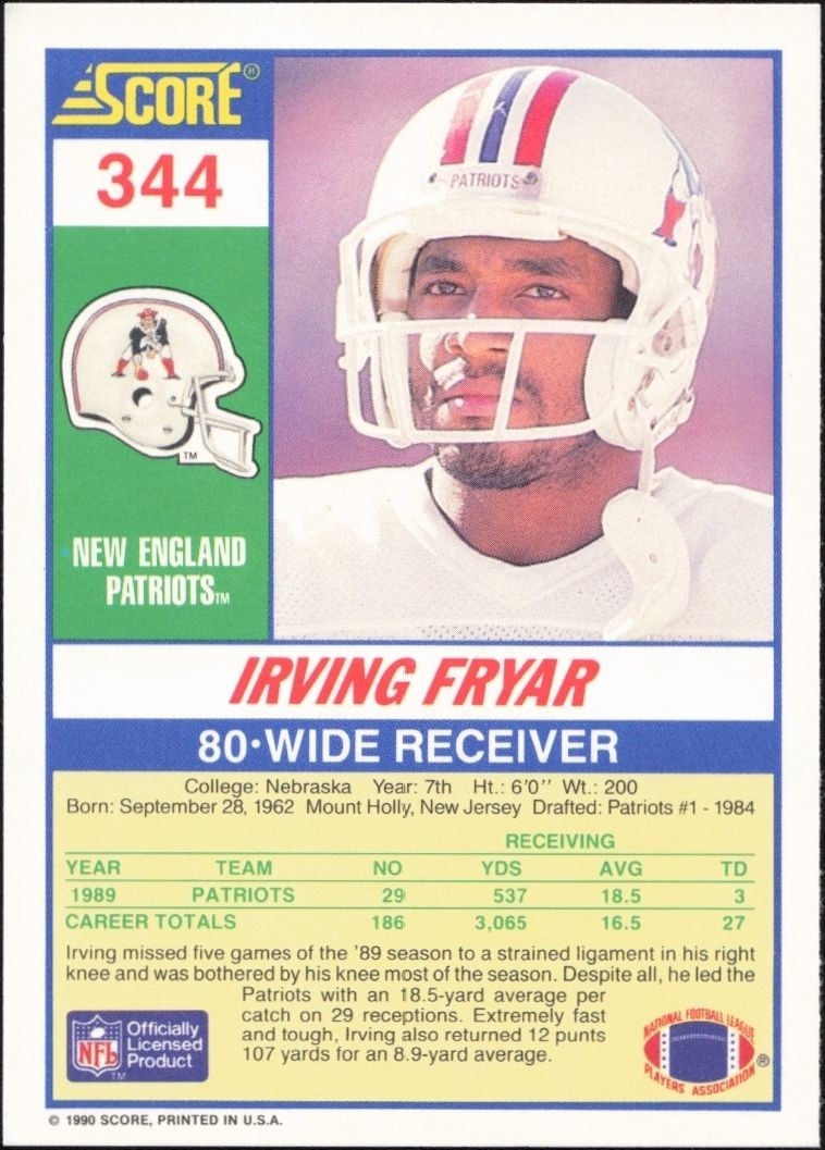 1990 Score Irving Fryar #344 football trading card back