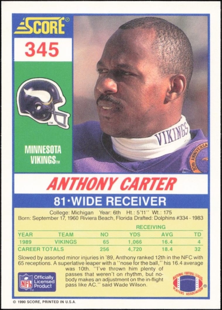 1990 Score Anthony Carter #345 football trading card back