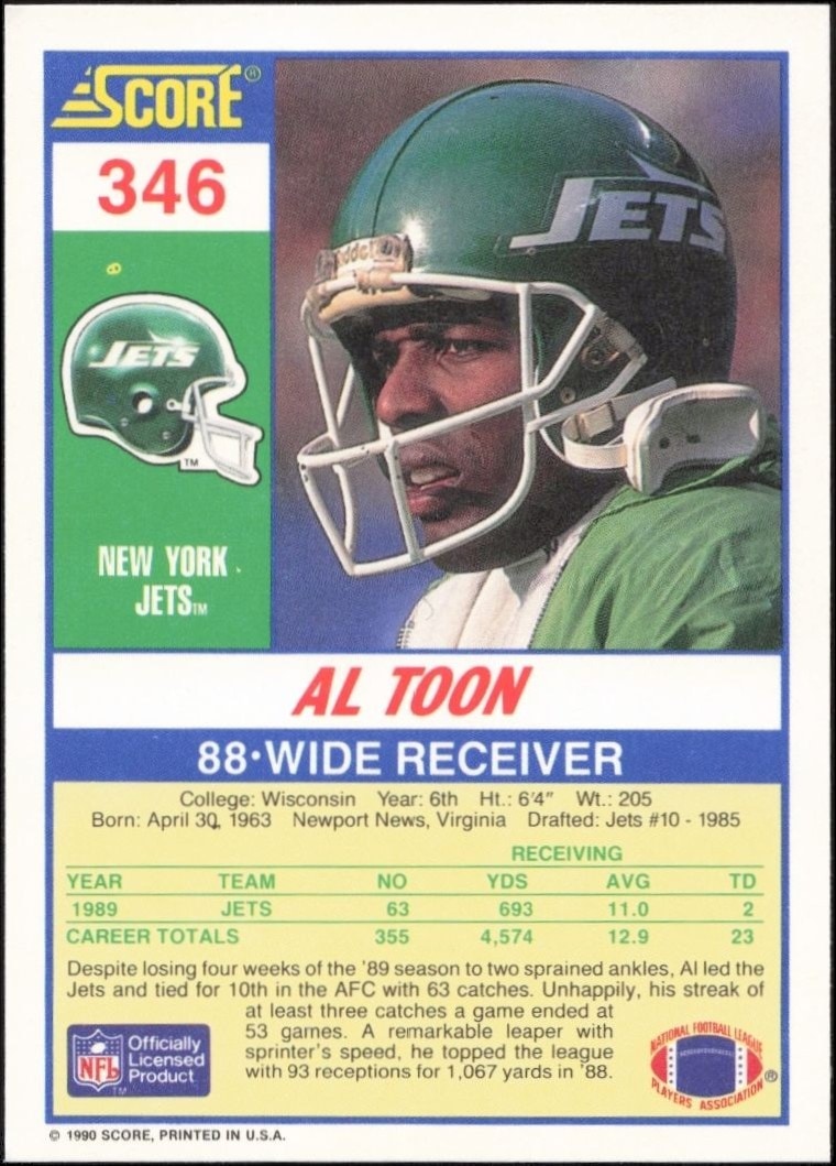 1990 Score Al Toon #346 football trading card back