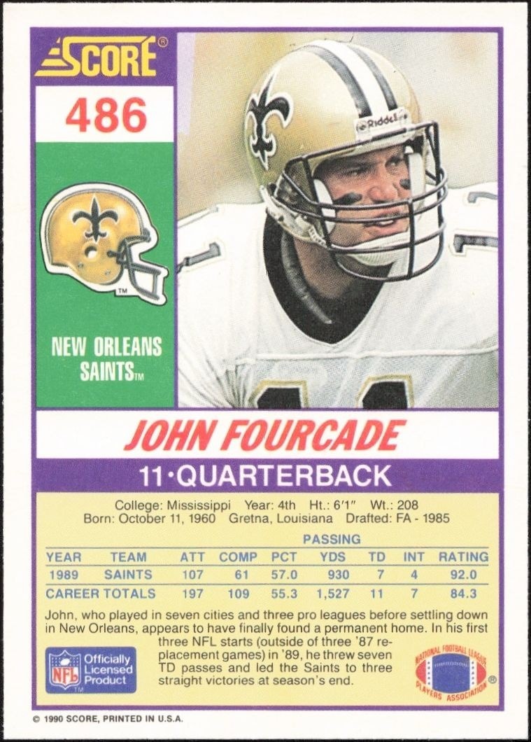 1990 Score John Fourcade #486 football trading card back