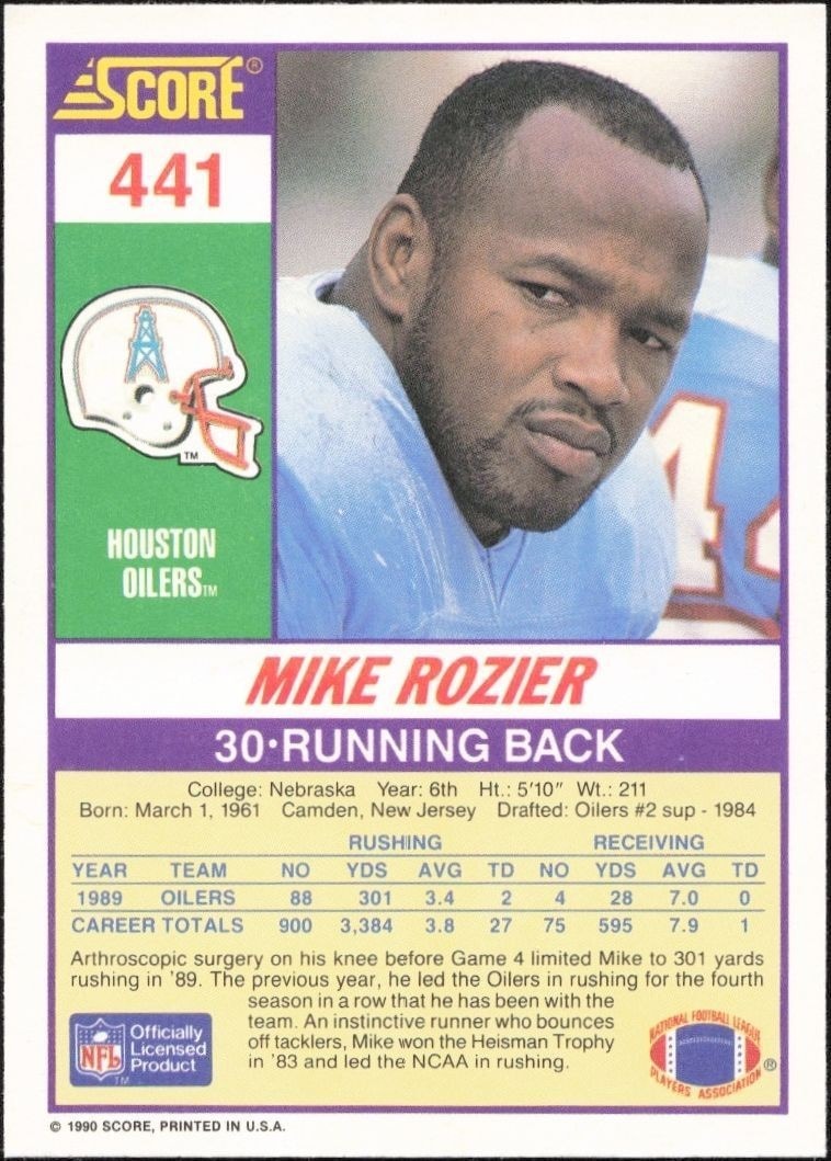 1990 Score Mike Rozier #441 football trading card back