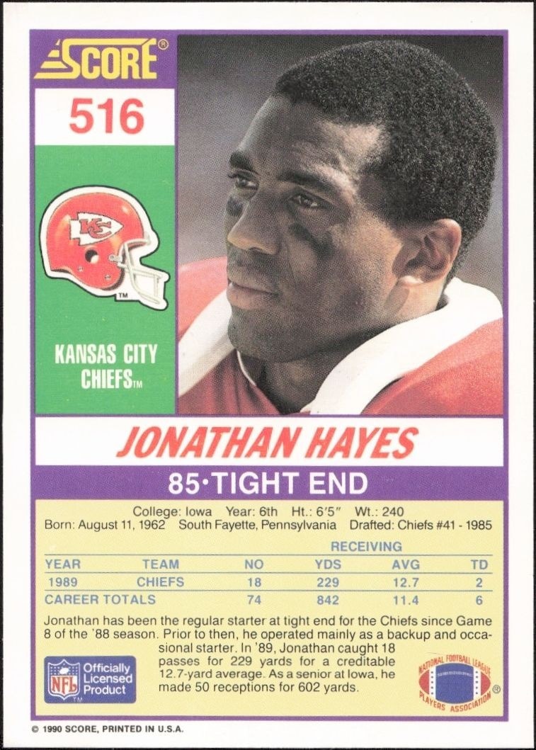 1990 Score Jonathan Hayes #516 football trading card back