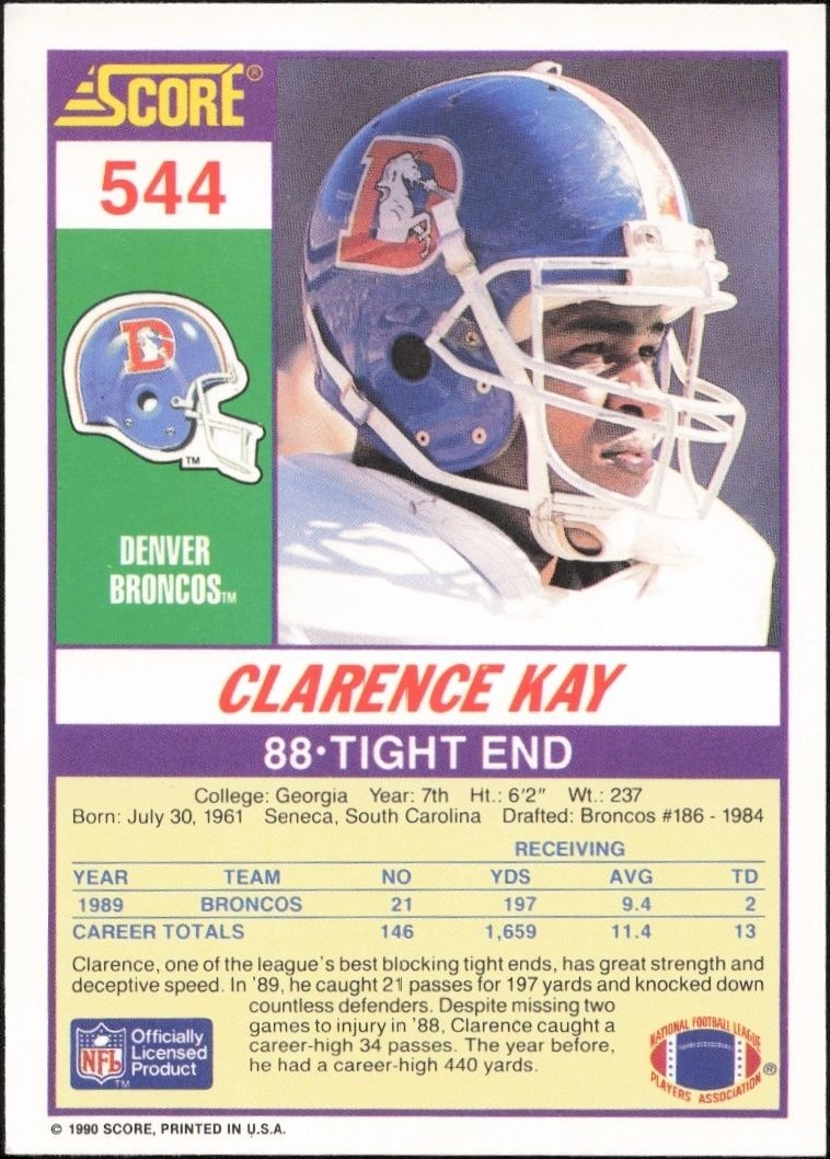 1990 Score Clarence Kay #544 football trading card back