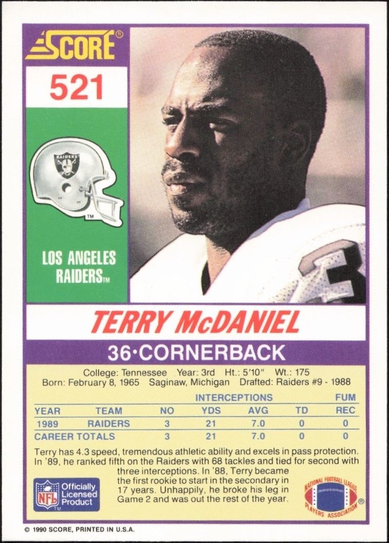 1990 Score Terry McDaniel #521 football trading card back