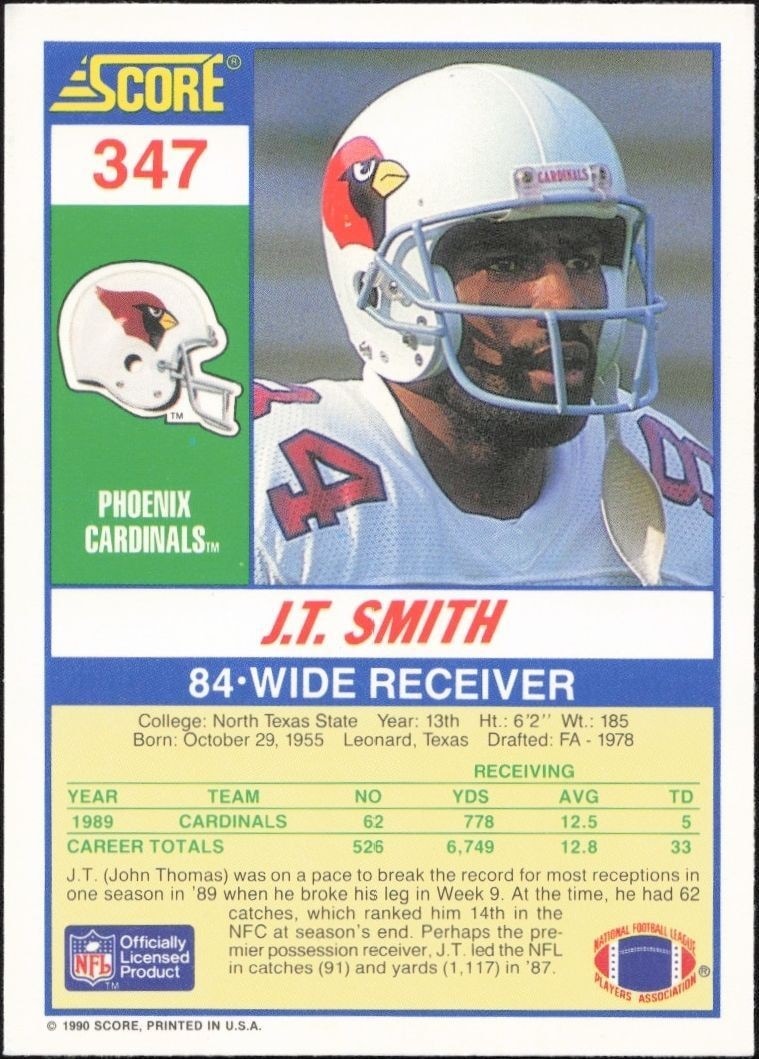 1990 Score J.T. Smith #347 football trading card back