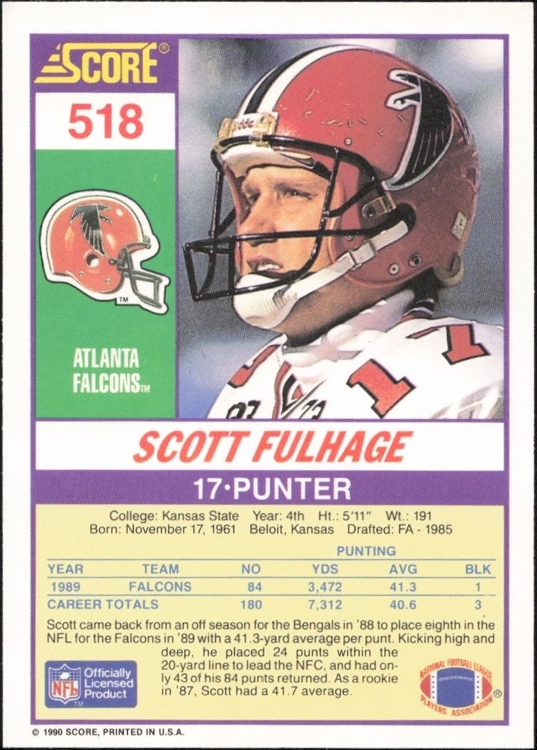 1990 Score Scott Fulhage #518 football trading card back