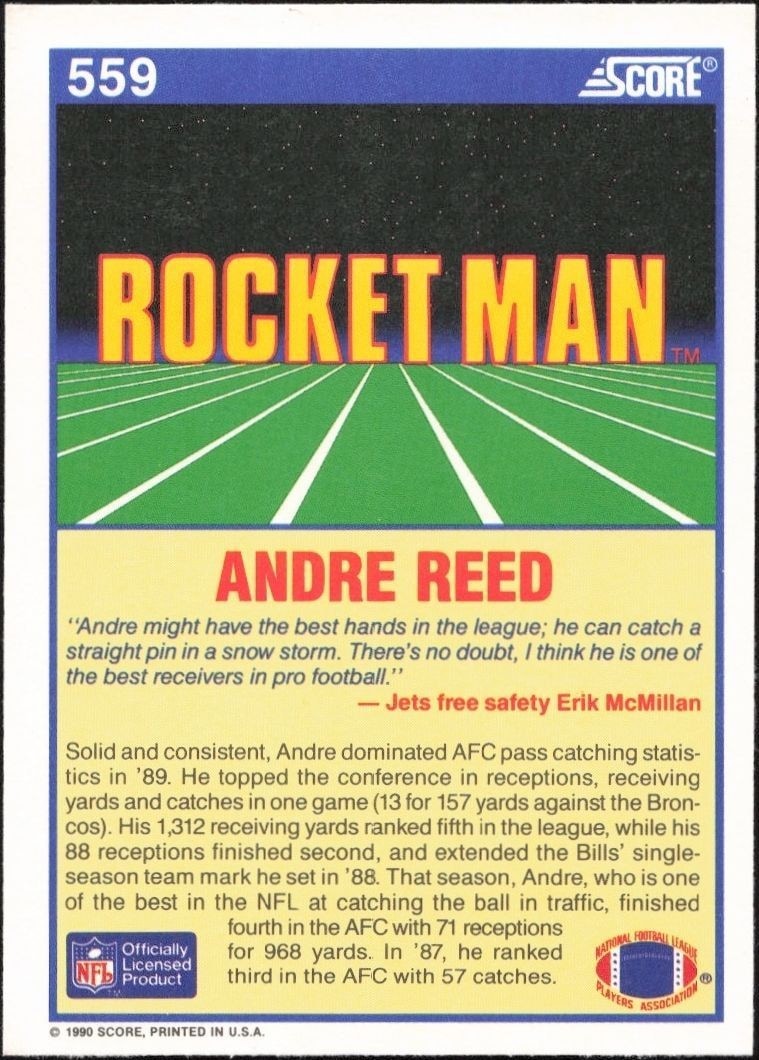 1990 Score Andre Reed #559 football trading card back