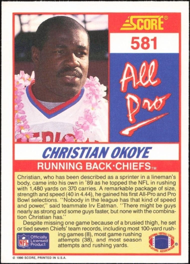 1990 Score Christian Okoye #581 football trading card back