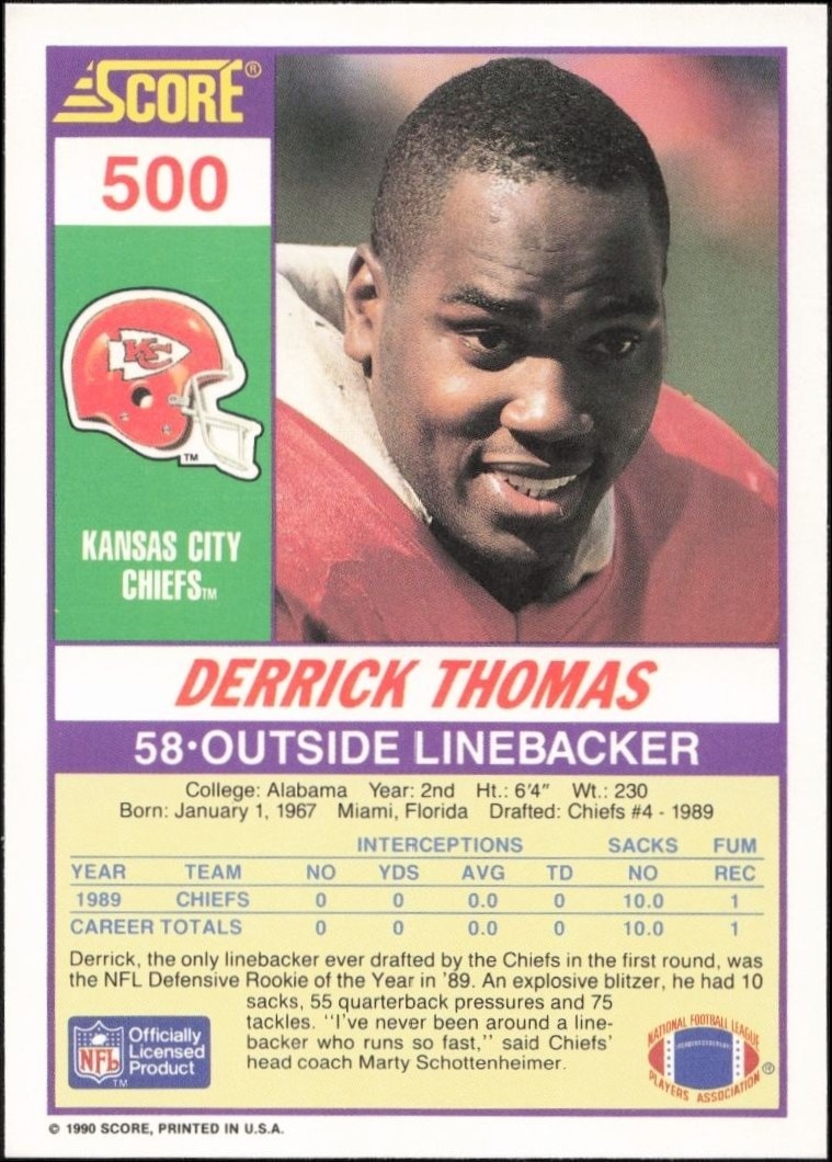 1990 Score Derrick Thomas #500 football trading card back