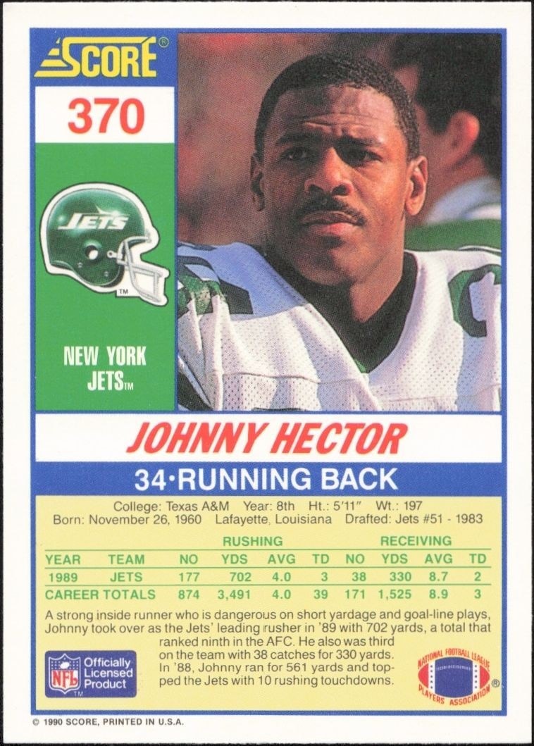 1990 Score Johnny Hector #370 football trading card back