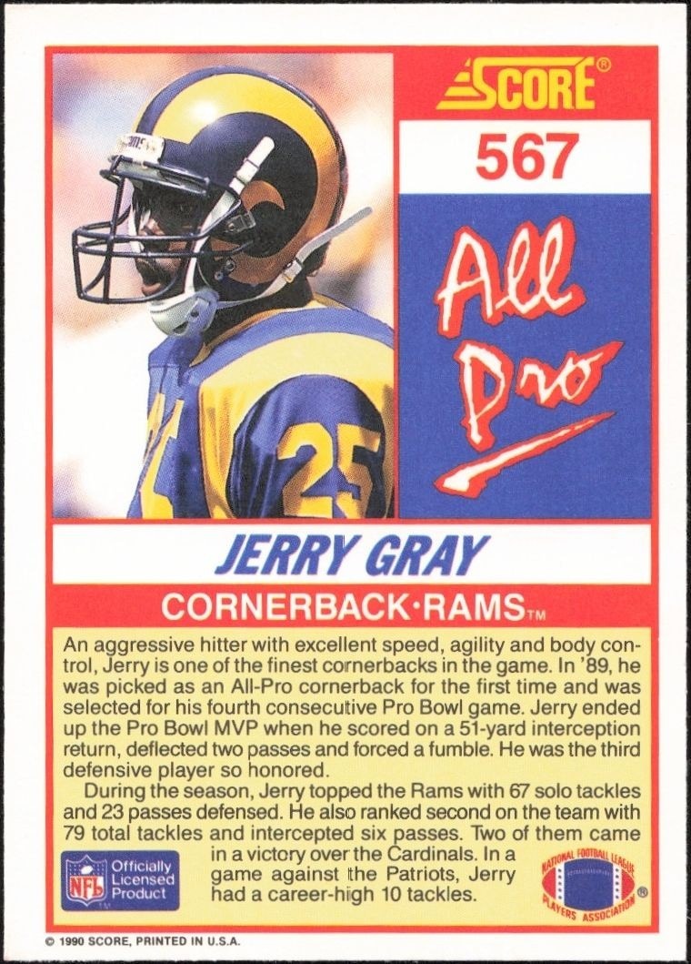 1990 Score Jerry Gray #567 football trading card back