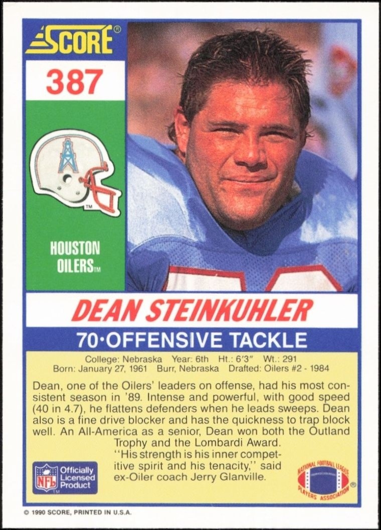 1990 Score Dean Steinkuhler #387 football trading card back