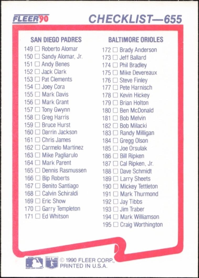 1990 Fleer Checklist #655 baseball trading card back