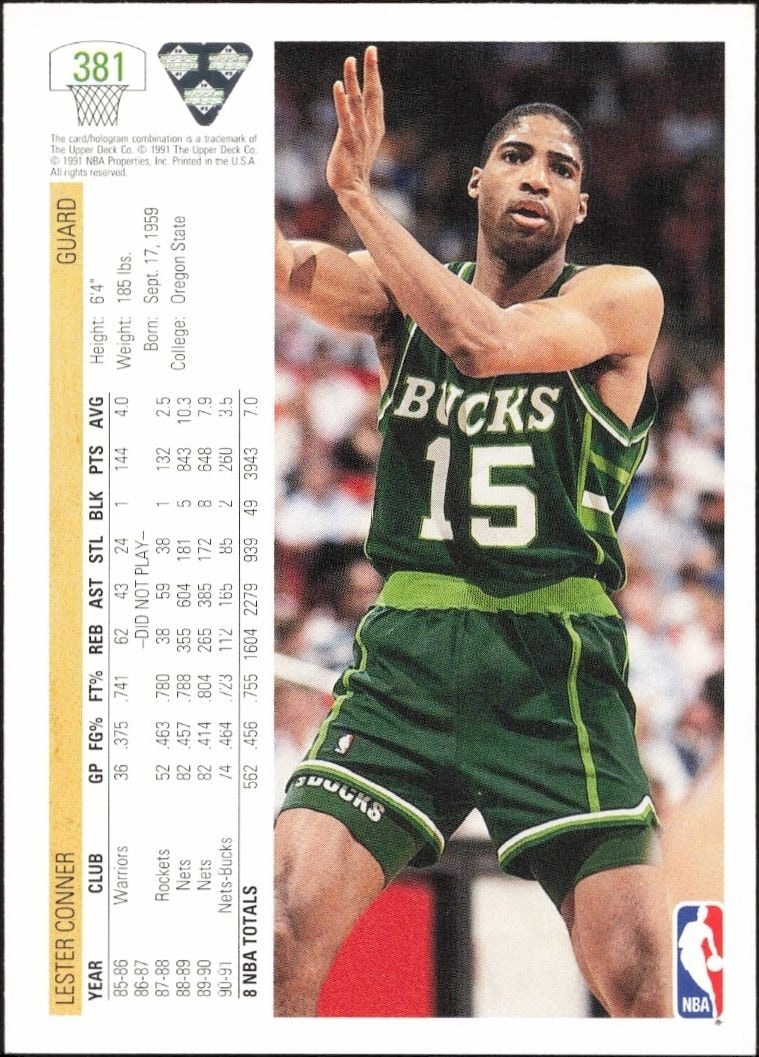1991-92 Upper Deck Lester Conner #381 basketball trading card back