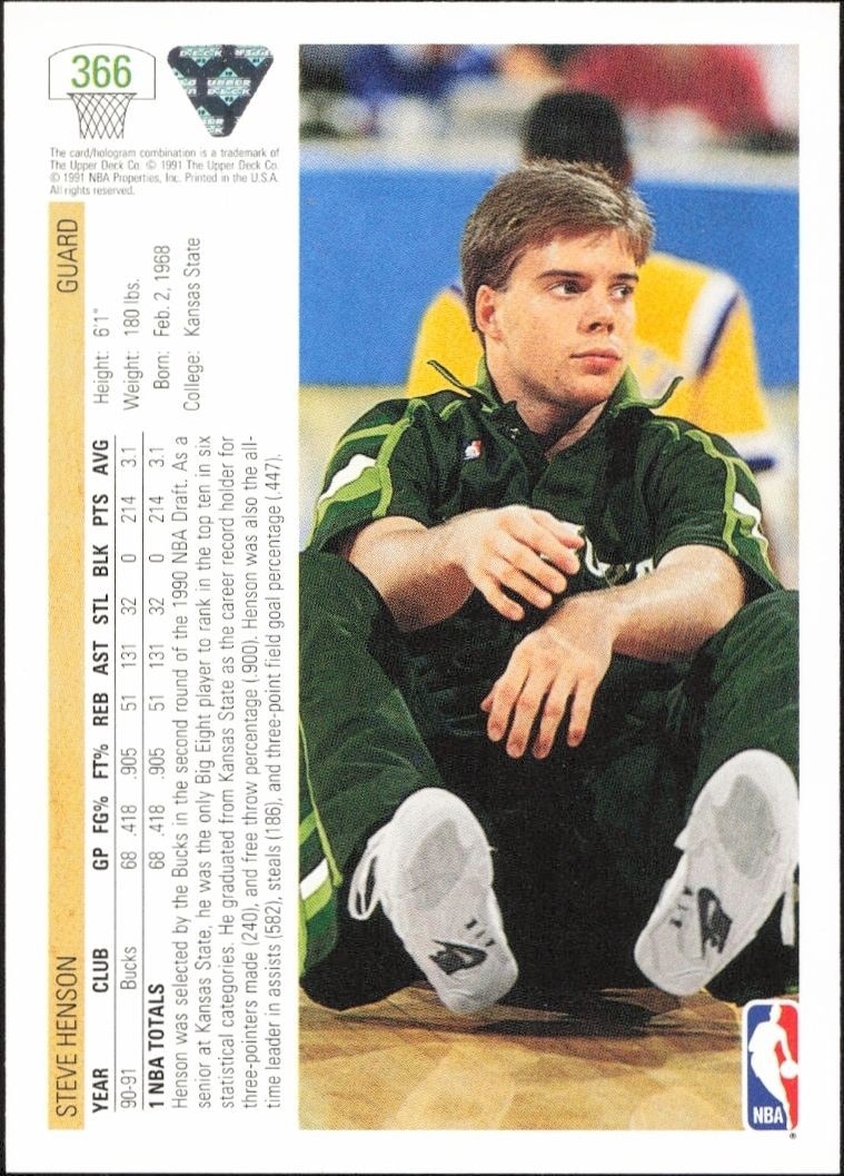1991-92 Upper Deck Steve Henson #366 basketball trading card back