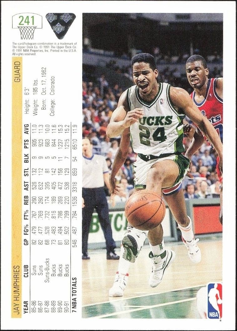 1991-92 Upper Deck Jay Humphries #241 basketball trading card back