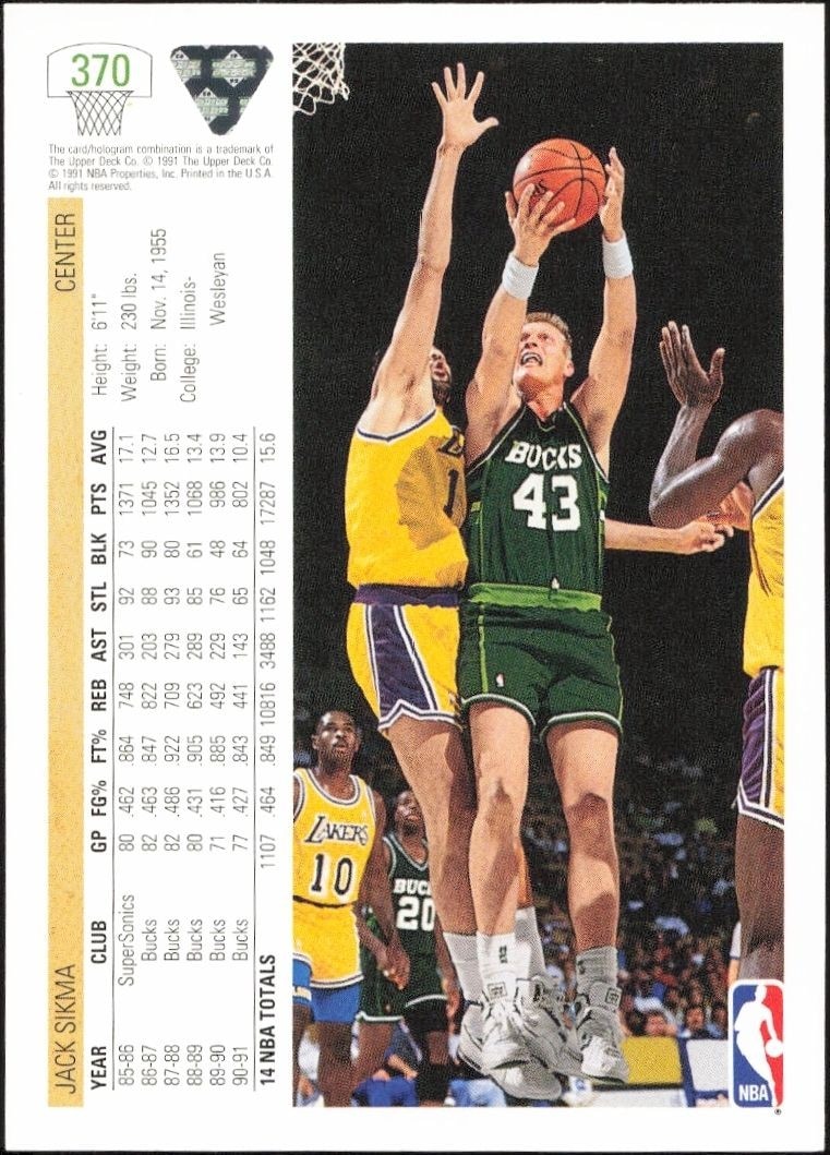 1991-92 Upper Deck Jack Sikma #370 basketball trading card back