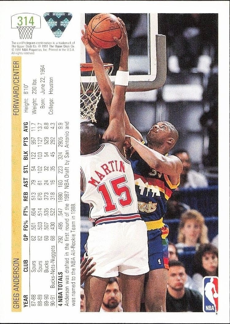 1991-92 Upper Deck Greg Anderson #314 basketball trading card back