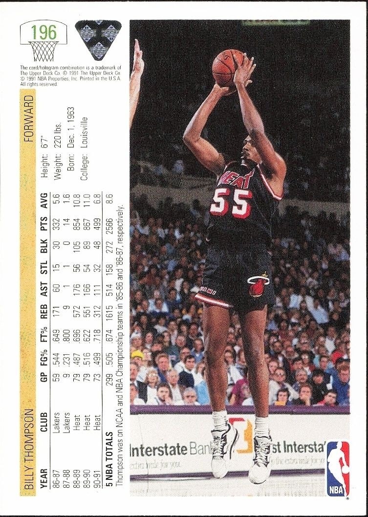 1991-92 Upper Deck Billy Thompson #196 basketball trading card back
